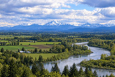 River valley with mountains in the distance